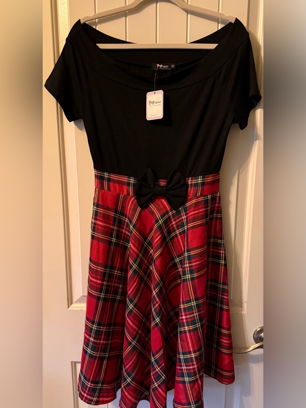 PopReal Women's Black Top Red Plaid Skirt Fit-and-Flare Rockabilly Dress NWT Med